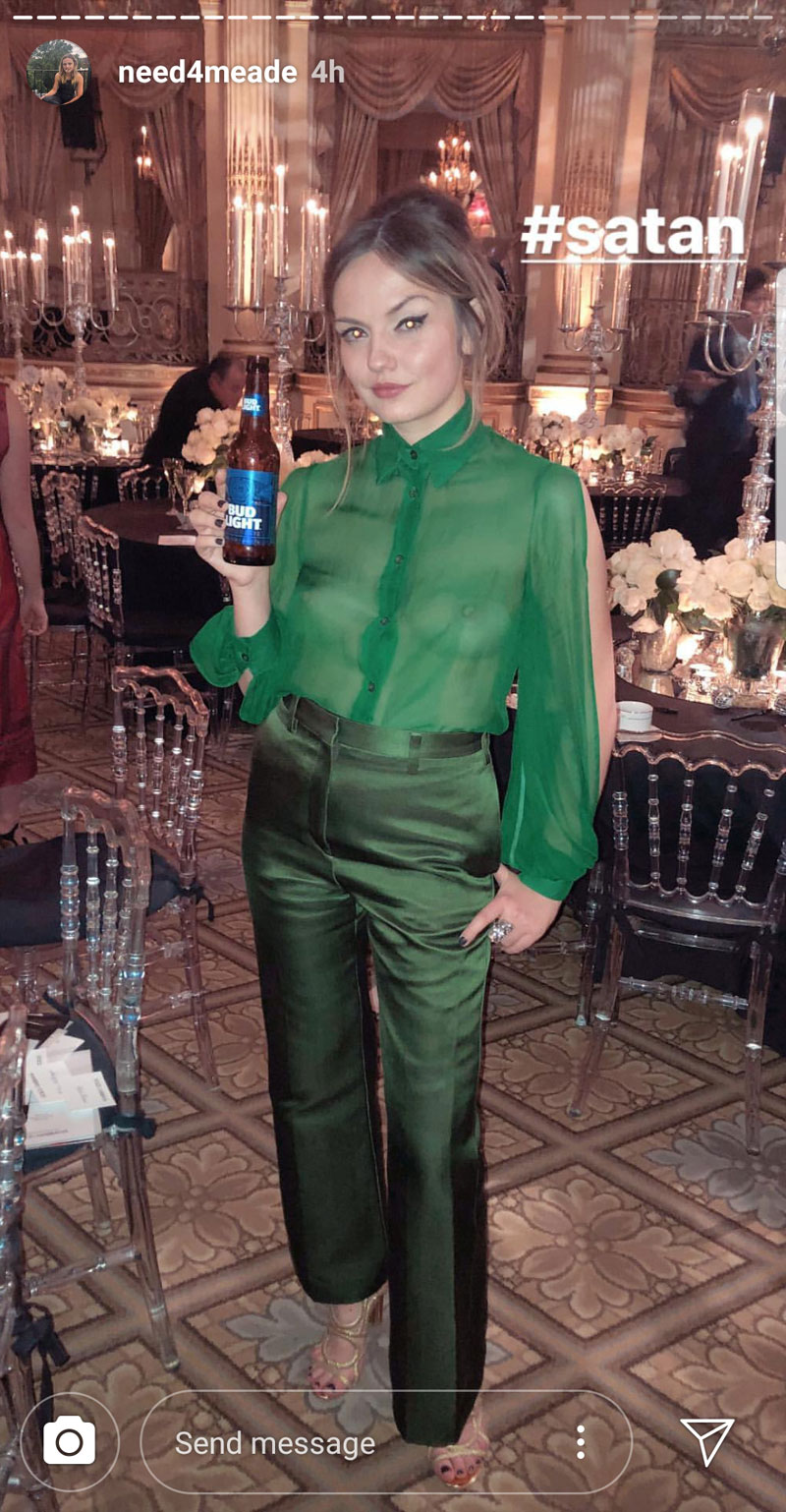 Emily Meade Boobs in See Through Blouse on Instagram