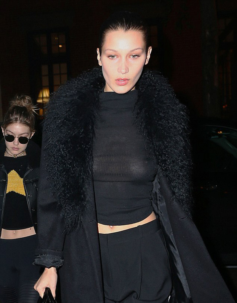 Bella Hadid Braless in Slightly See Through Turtleneck