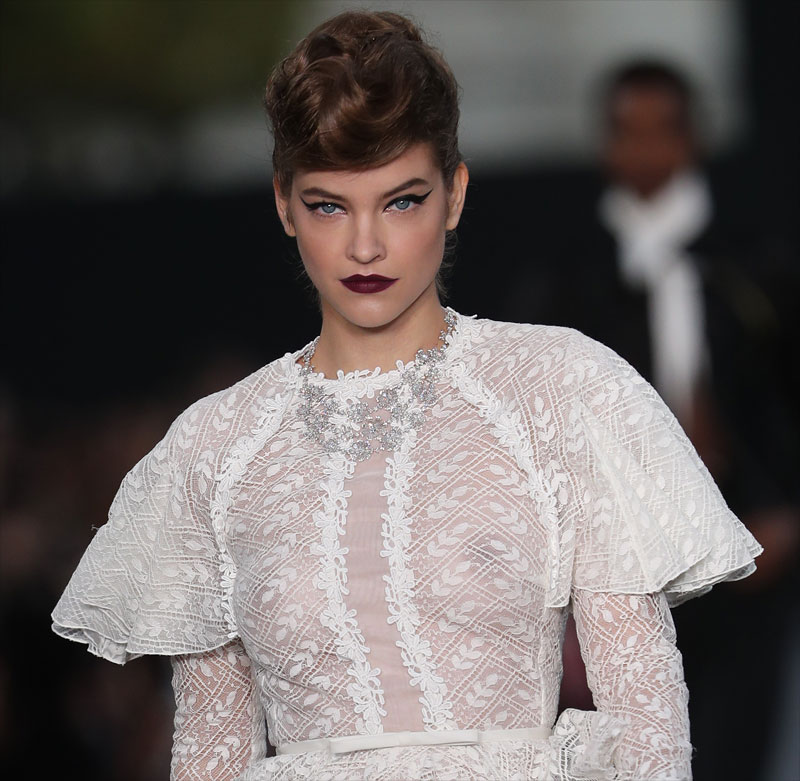 Barbara Palvin Breasts in See Through White Dress on the Runway