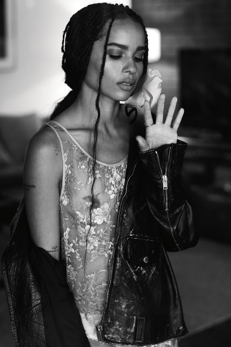 Zoe Kravitz Posing Braless in See Through Lace Blouse