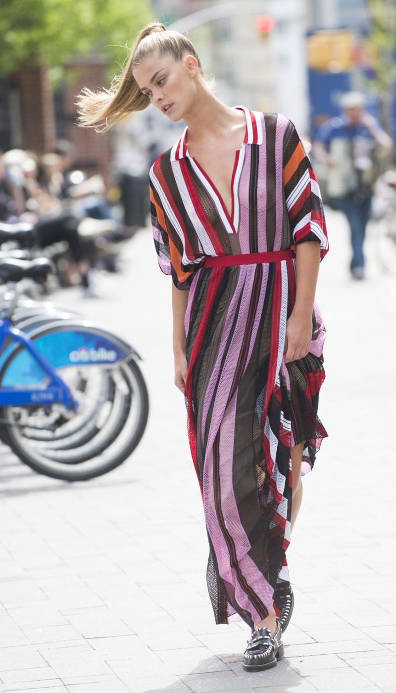 Nina Agdal Braless in Long See Through Mesh Dress