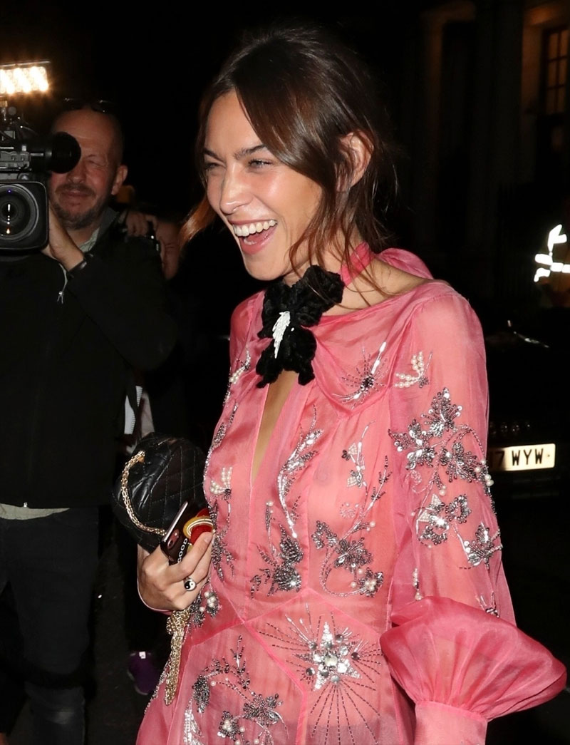 Alexa Chung Slight Nipple Peek in Pink Dress