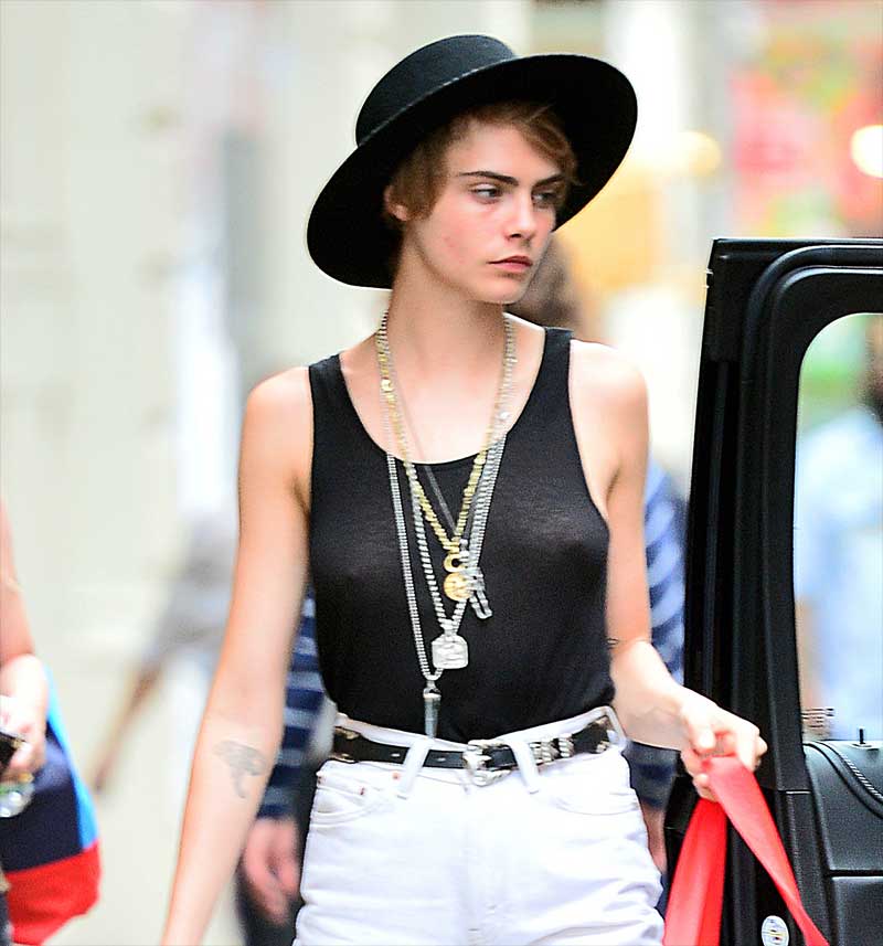 Cara Delevinge Braless in Slightly See Through Blouse Top