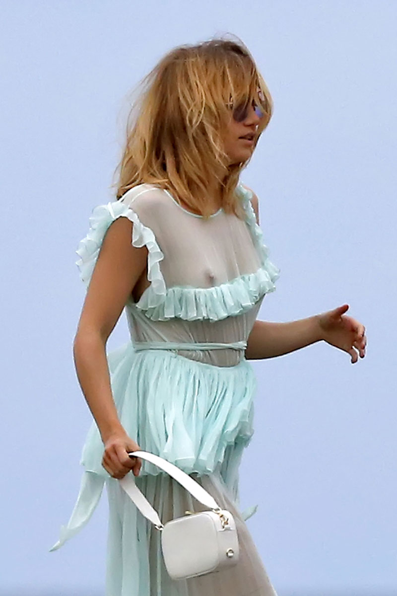 Suki Waterhouse Braless in White See Through Dress