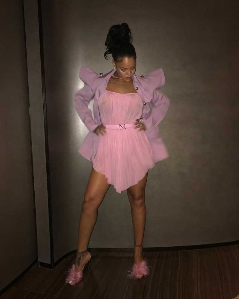 Rihanna No Bra in See Through Pink Dress