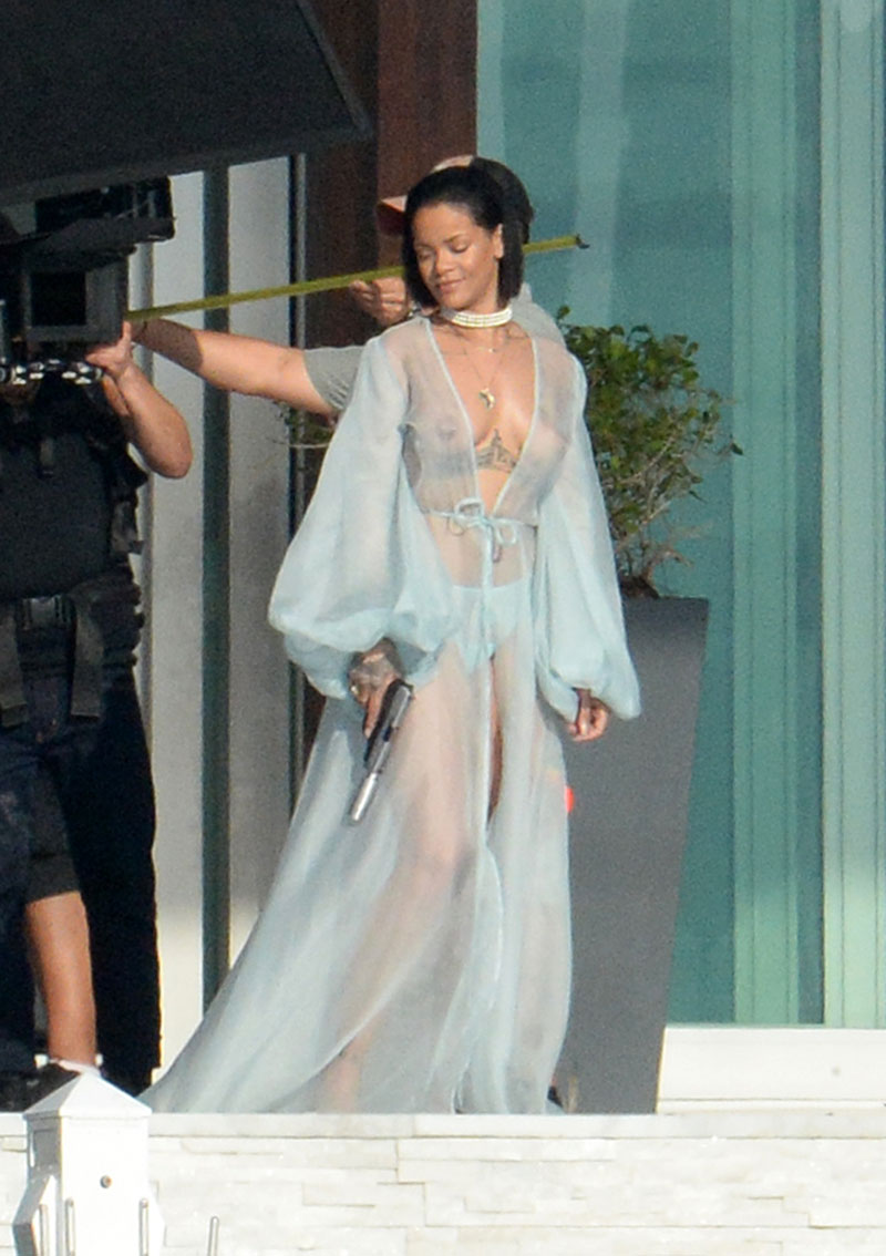 Rihanna Boobs in See Through Robe on the Set