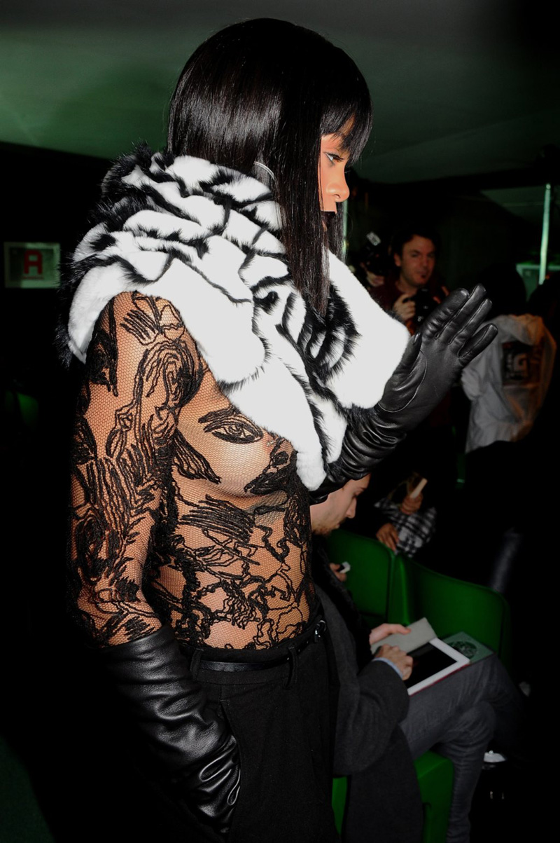 Rihanna Braless in See Through Lace Top