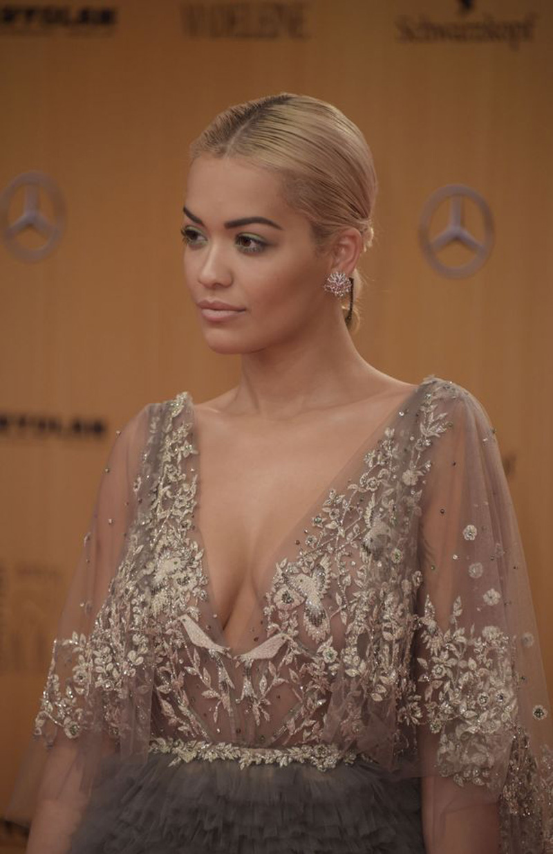 Rita Ora Braless in See Through Lace Dress