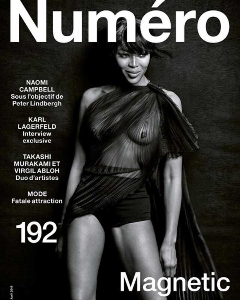 Naomi Campbell Bare Breasts in Sheer Top for Magazine