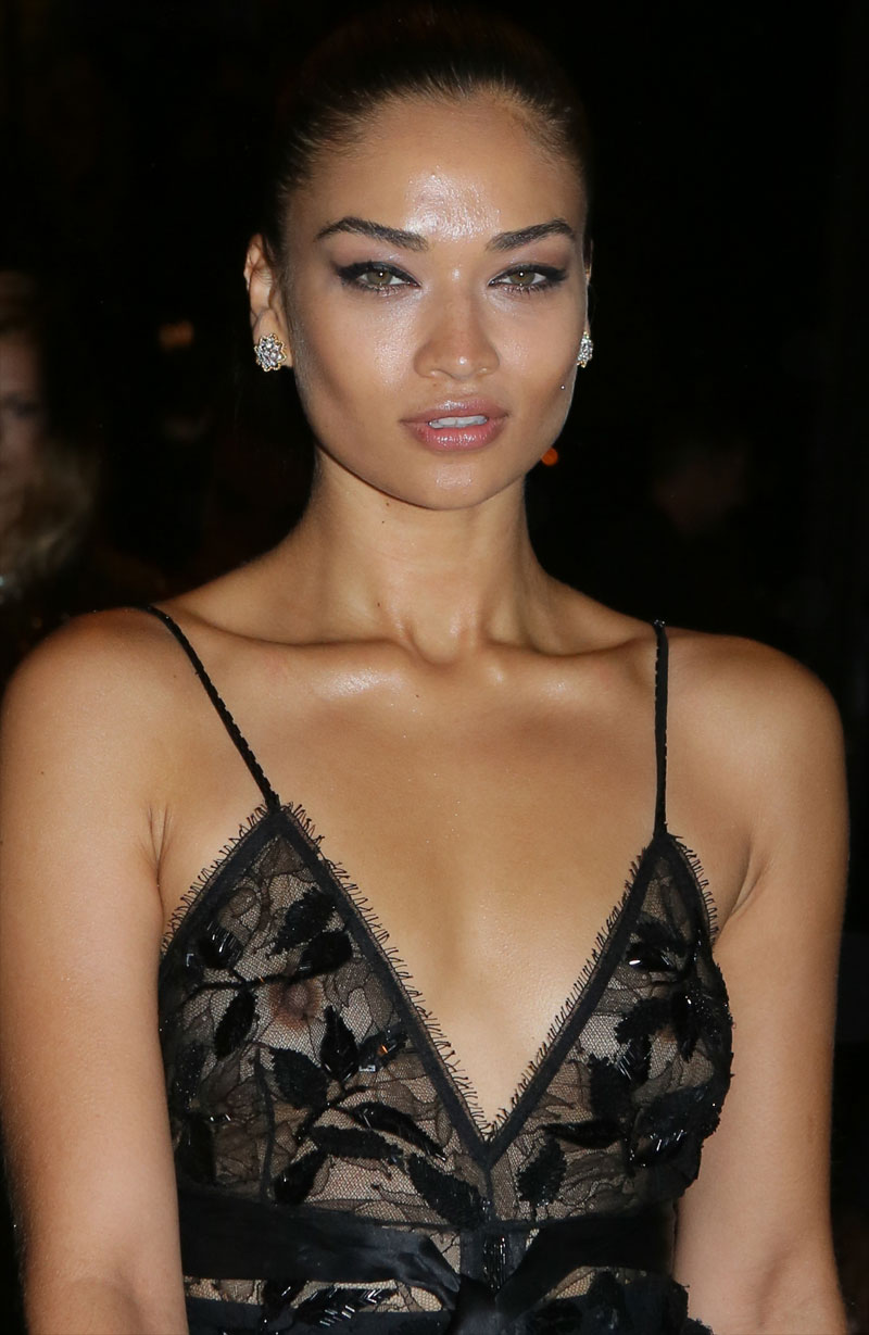 Shanina Shaik Nipples in Black Lace Top