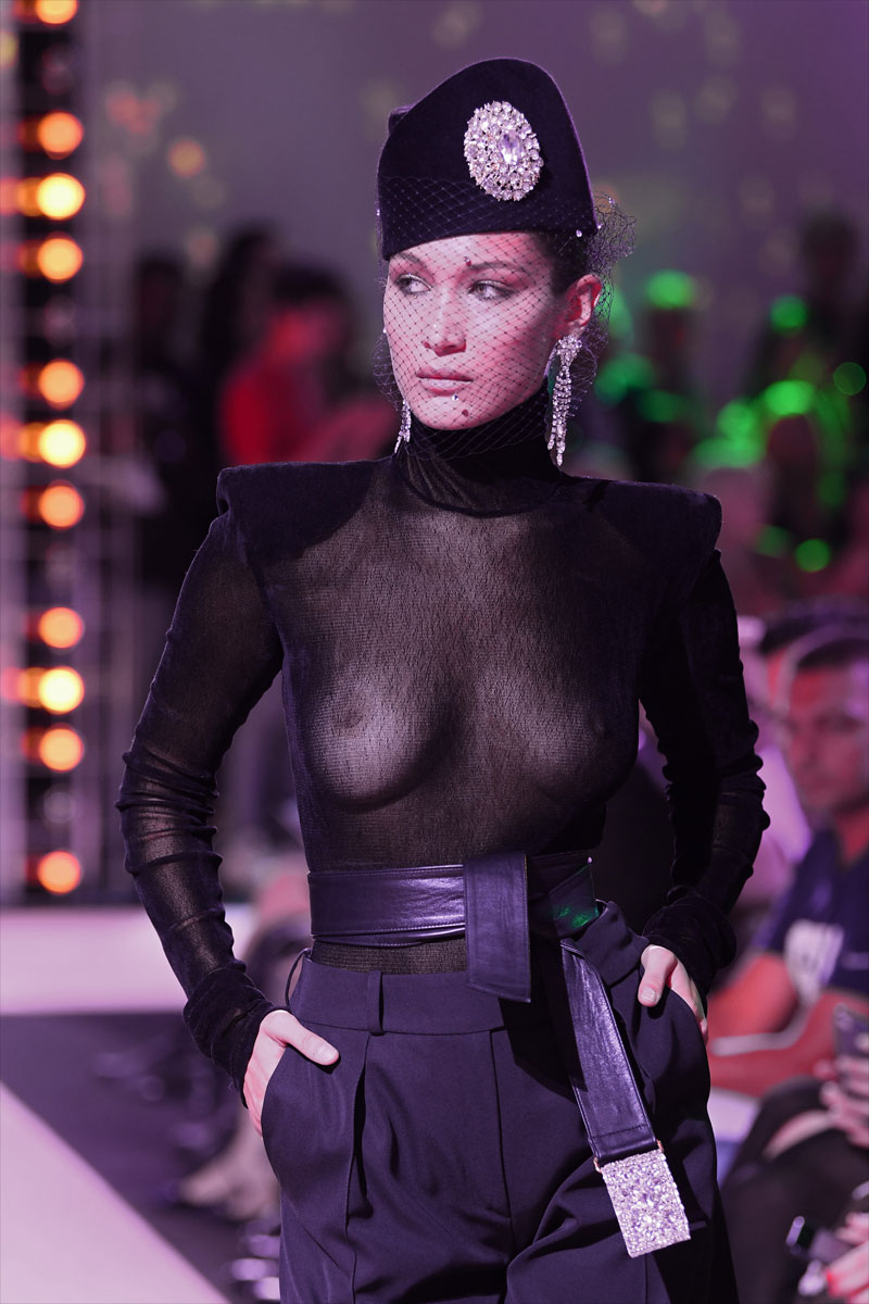 Bella Hadid Nipples in See Through Top on the Runway