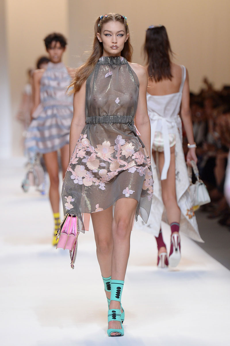 Gigi Hadid on the Runway Braless in See Through Dress