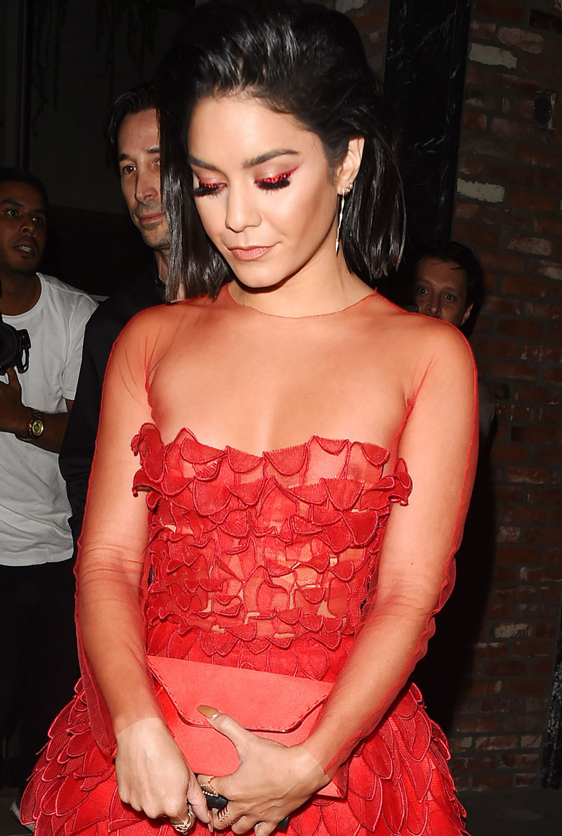 Vanessa Hudgens Nipple on See Through Red Lace Dress