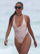 Claudia Jordan in a Wet White See Through Bikini