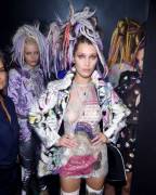 Bella Hadid Braless in See Through Dress for Fashion Week