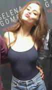 Selena Gomez Braless in Slightly See Through Black Tank Top
