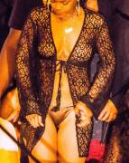 Rihanna Braless in Black Lace Robe on Vacation