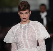 Barbara Palvin Breasts in See Through White Dress on the Runway