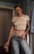 Ireland Baldwin Braless in Slightly See Through Shirt