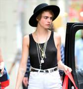 Cara Delevinge Braless in Slightly See Through Blouse Top