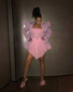 Rihanna No Bra in See Through Pink Dress