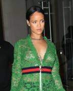 Rihanna Nipples in Green Mesh Dress