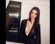 Emily Ratajkowski Braless in See Through Blouse