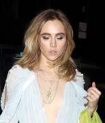 Suki Waterhouse Braless Wearing See Through Lace Blouse