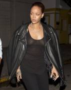 Rihanna Braless in See Through Black Lace Blouse