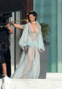 Rihanna Boobs in See Through Robe on the Set
