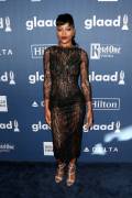 Keke Palmer No Bra in See Through Lace Dress