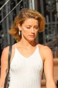 Amber Heard Braless in See Through White Dress