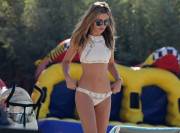 Abbey Clancy Areola Peek in Mesh Beige Bikini