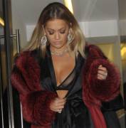 Rita Ora Slips Nipple Tape in her See Through Black Bra