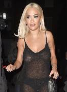 Rita Ora Braless in See Through Black Sequin Dress