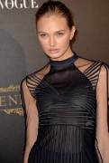 Romee Strijd Braless Breasts in Lacy Dress