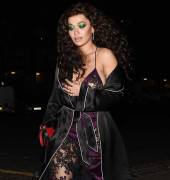 Rita Ora Nipple Peek in Silk Slip Dress