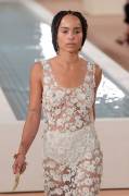 Zoe Kravitz Braless in White Lace Dress on the Catwalk