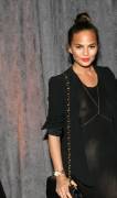 Christine Teigen Braless in Black See Through Dress