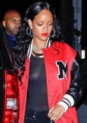 Rihanna Braless in Black See Through Blouse