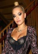 Rita Ora Nipples in Lacey Black Bra