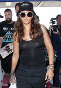 Rihanna Braless in Sheer Black Tank Top