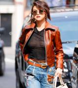 Selena Gomez No Bra in Slightly See Through Black Top